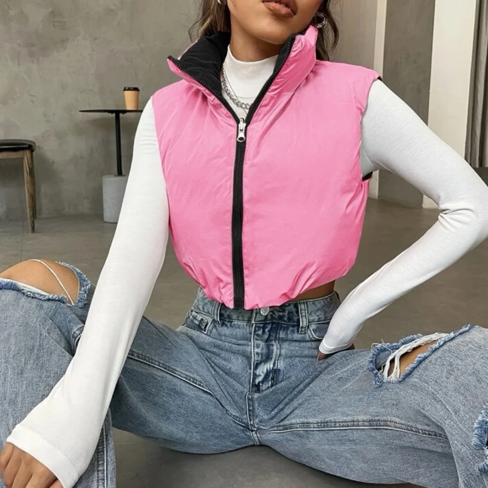 Black zip up reversible drawstring puffer vest - Picture 5 of 5